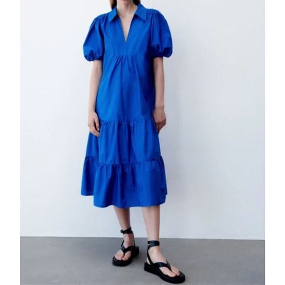 Zara Cotton Poplin Midi Dress Medium Cobalt Royal Blue Collared Tiered Preppy - Picture 3 of 12